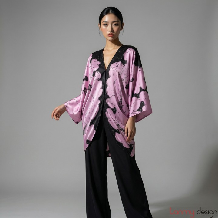 Silk kimono shirt with purple Koi fish